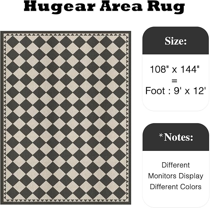 HUGEAR 9x12 Outdoor Rug Black/Beige Linen-Look Fabric Checkered Area Rug High Traffic Stain Resistant Easy Clean Durable Rugs for Indoor/Outdoor Patio Deck Balcony Porch Garden Courtyard