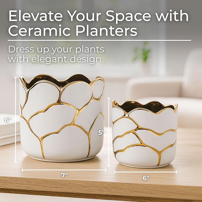 Set of 2 Plant Pots for Indoor Plants – Ceramic Planters with Gold Accents, Decorative Pots for Home Decor, Modern Indoor/Outdoor Ceramic Planter Set, Stylish Pot for Plants – 6/7", White