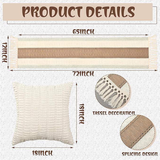 Extra Large Outdoor Boho Picnic Blanket 118'' x 71'' Beige White Table Runner 6 Throw Pillow Cover Woven Cotton Yarn Oversize Beach Blanket Washable for Picnic Camp Wedding