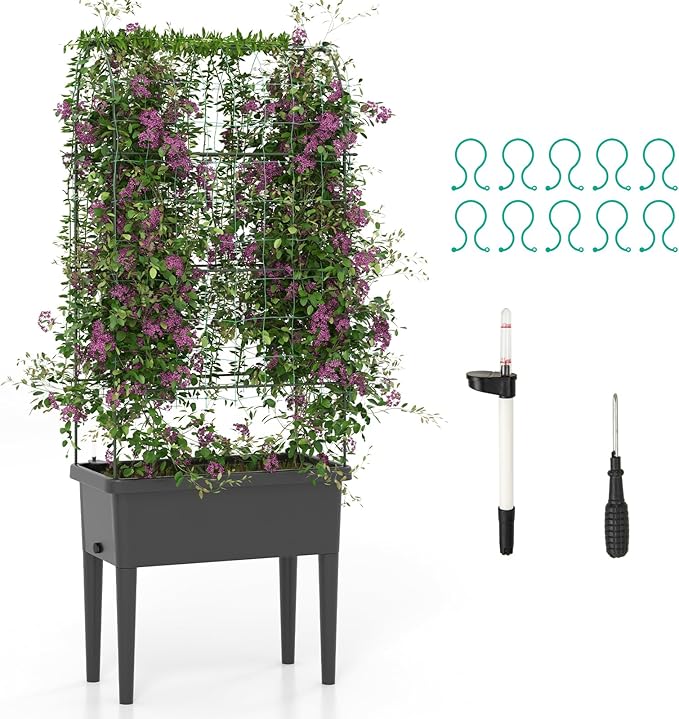 Happygrill Raised Garden Bed with Trellis, 4 in 1 Self-Watering Planter w/Water Level Observer, Drainage Holes, Climbing Net & Detachable Legs, Garden Cucumber Planter for Vegetables Flowers