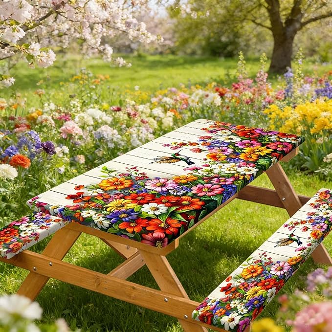 Floral Picnic Table Cover with Bench Covers, Camping Bird Flower Wooden Spring Essentials Waterproof Windproof Camping Tablecloth with Drawstring Bag, Fitted Rectangle Tables and Seats, 60in