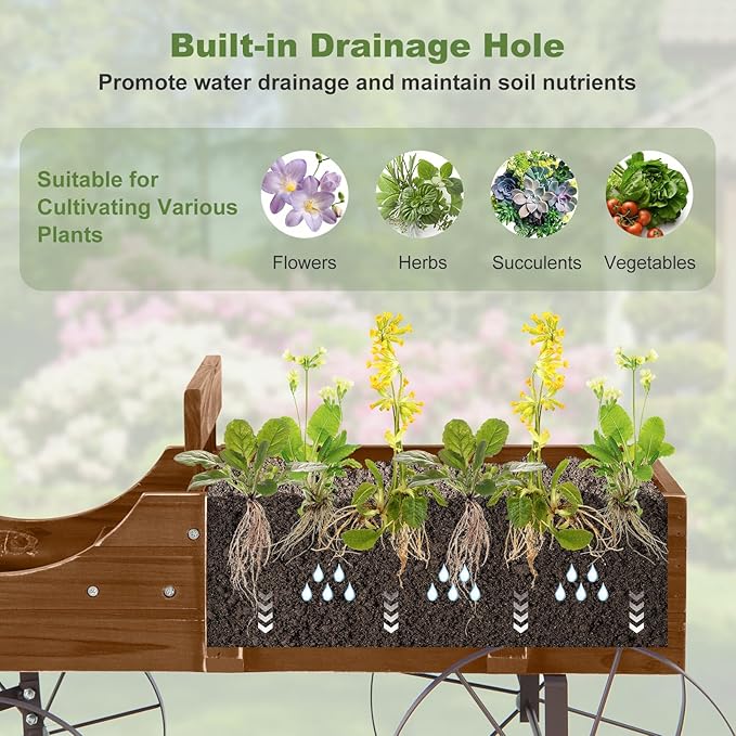 HAPPYGRILL Wooden Wagon Planter, 24.5” x 13.5” x 24” Decorative Garden Planter w/ 2 Planting Sections, Wheels, Handle, Small Decorated Cart, Flower Planter Box for Indoor Outdoor Patio (Brown)