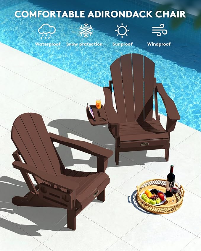 SERWALL Folding Adirondack Chair Set of 2, HIPS Adirondack Chairs with 4 in 1 Cup Holder, Weather Resistant Plastic Chairs for Patio Garden Outdoors Fire Pit-Coffee
