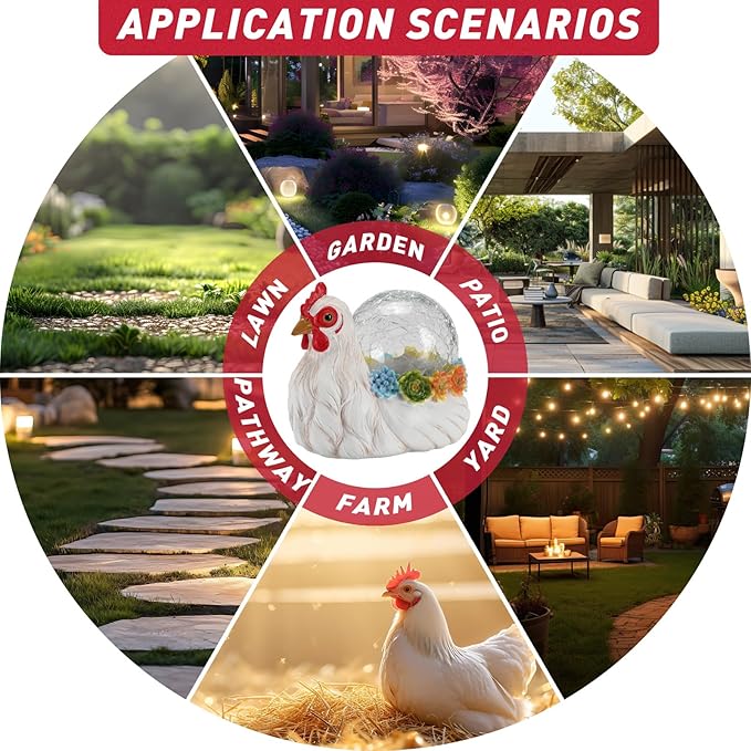Solar Hen Garden Statue Lights for Outdoor Decor with Cracked Glass LED Ball Figurine Lighting Resin Succulent White Chicken Decorations for Patio Lawn Yard Valentine Gifts for Mom Wowen