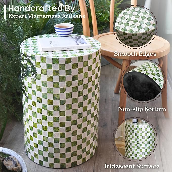 19.7” Checkered Capiz Shells Drum End Table, Decorative Cylinder Side Table & Garden Stool, Round Pedestal Accent Table for Living Room, Bedroom, Indoor & Outdoor (Pistachio Green)