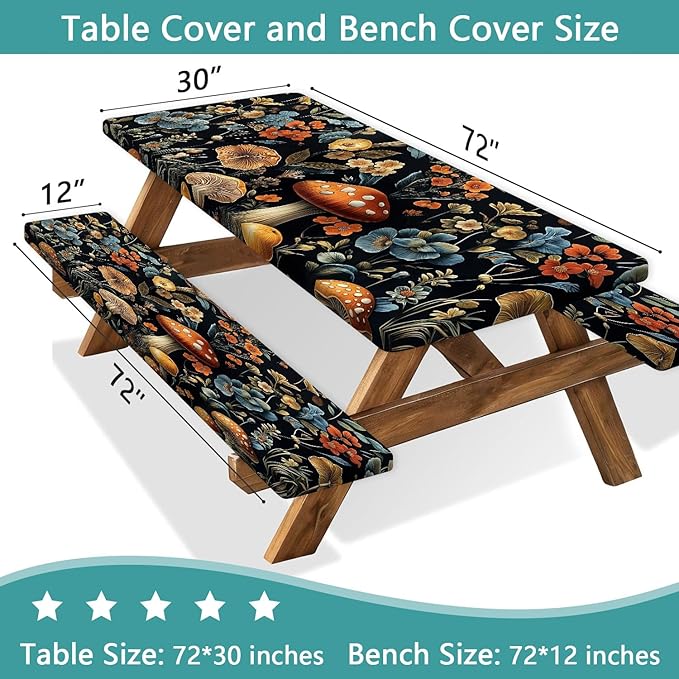 Picnic Table Cover with Bench Covers and Bag, Summer Outdoor Waterproof Windproof Tablecloth with Elastic Edges, Camping Accessories RV Gear Campers 3 Pcs Set, Black Mushroom 30X72inch