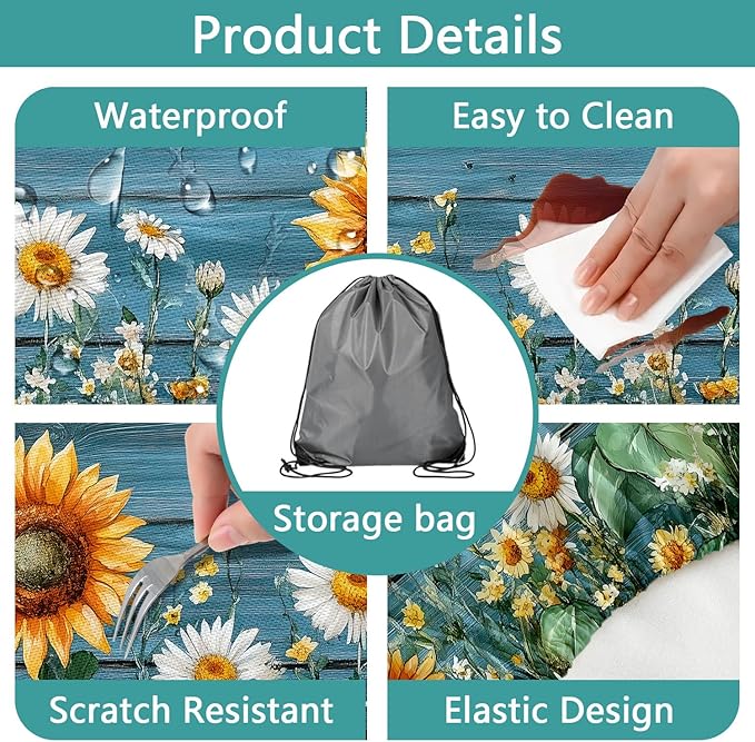 Picnic Table Cover with Bench Covers, Waterproof Elastic Fitted Tablecloths for 6 Foot Rectangle Tables, Outdoor Washable Sunflower Wooden Tablecloth for Camping 30X72in