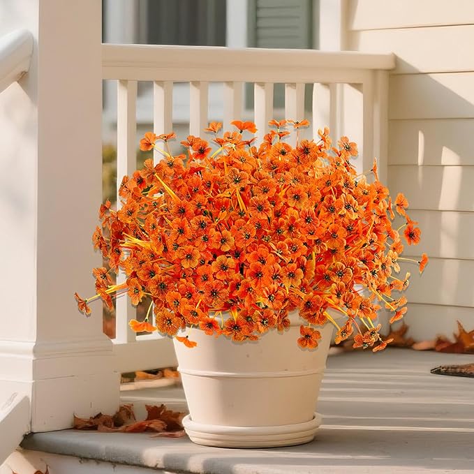 Artificial Mums Fall Fake Flowers for Outdoors, 12 Bundles Faux Mums for Outdoor Planters Autumn Decorations,UV Resistant Silk Flowers for Front Porch Garden Patio Home Decor(Sunset Orange-red)