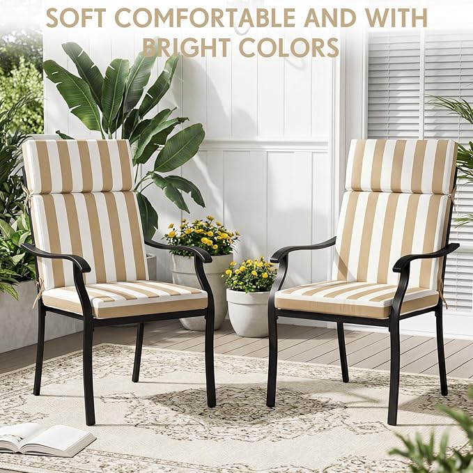 4 Pack Outdoor High Back Chair Cushion, 44 x 20 inches Patio Chair Cushions Waterproof Rocking Cushions Indoor Furniture Seat Pad, Weather Resistant (Stripe,Khaki White)
