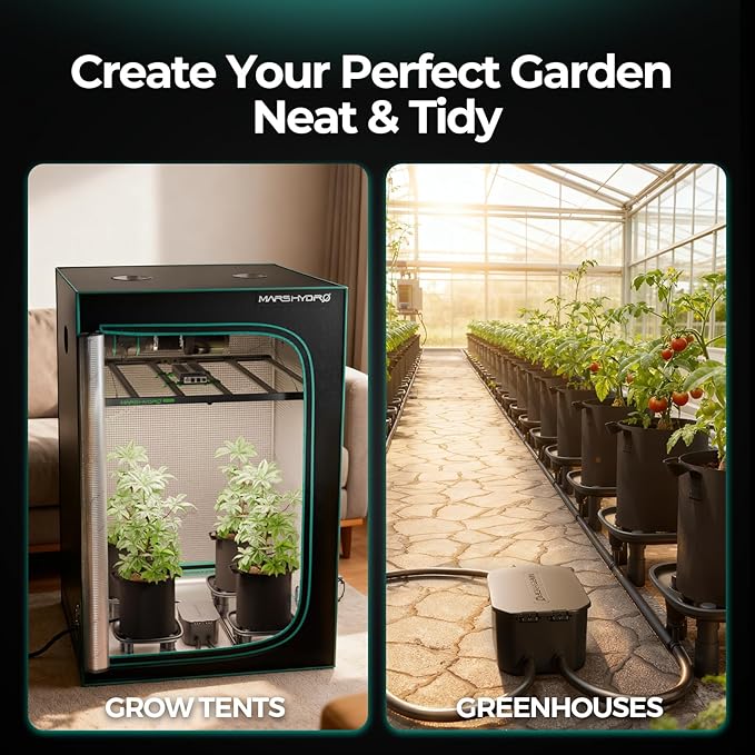 MARS HYDRO Auto Drainage System with Water Pump, 4 Elevated Runoff Trays & 4-Pack 5 Gallon Grow Bags, Plant Drainage Saucers for Indoor Plants Grow Tents