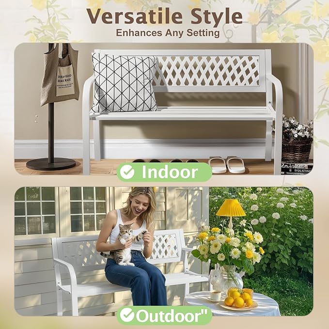 VINGLI 47'' Outdoor Bench, Weather Resistant Garden Patio Bench Powder Coated Iron Frame w/PVC Mesh Backrest Slatted Seat, 2-Person Outdoor Furniture for Front Porch Entryway Park (White)