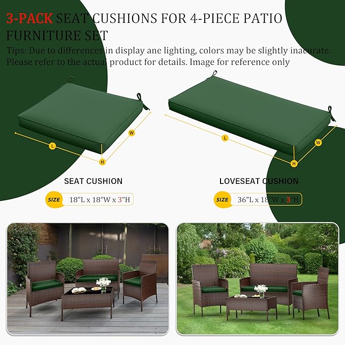 3 Pack Outdoor Replacement Cushions, Fit for 4-Seater Wicker Rattan Patio Conversation Set, 36x18x3,18x18x3, Liner & Cover