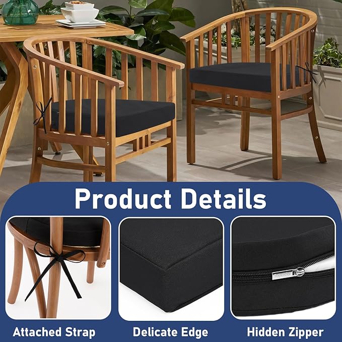 Topotdor Outdoor Chair Cushions Set of 2, 18"x18"x2" Waterproof Patio Chair Cushions for Outdoor Furniture, Round Corner Outdoor Seat Cushions Color Fastness Chair Pads with Ties, Black
