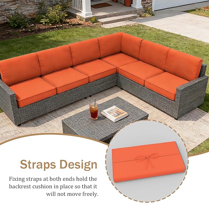 14 Pcs Outdoor Replacement Cushions for Patio Furniture, All Weather Water Resistant Cushion for 6 Seat Rattan Wicker Sectional Patio Conversation Sets and Couch (Orange)