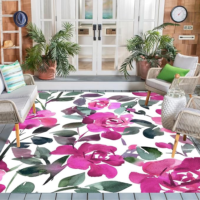 Floral Textured Modern Farmhouse Waterproof Outdoor Area Rug for Patio Deck Porch Balcony Ultra Pink White Garden Washable Outside Large Carpet Home Entrance Hallway Non Slip Mat 7x10