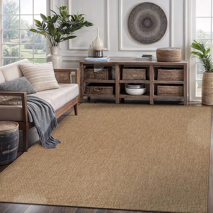 CAMILSON Easy Jute Rug 5x7, Indoor Outdoor Natural Color Farmhouse Area Rugs for Living Room Patio and Kitchen Rug, Solid Boho Woven Design, Easy-Cleaning, Washable Outside Carpet Alfombras (5 x 7)