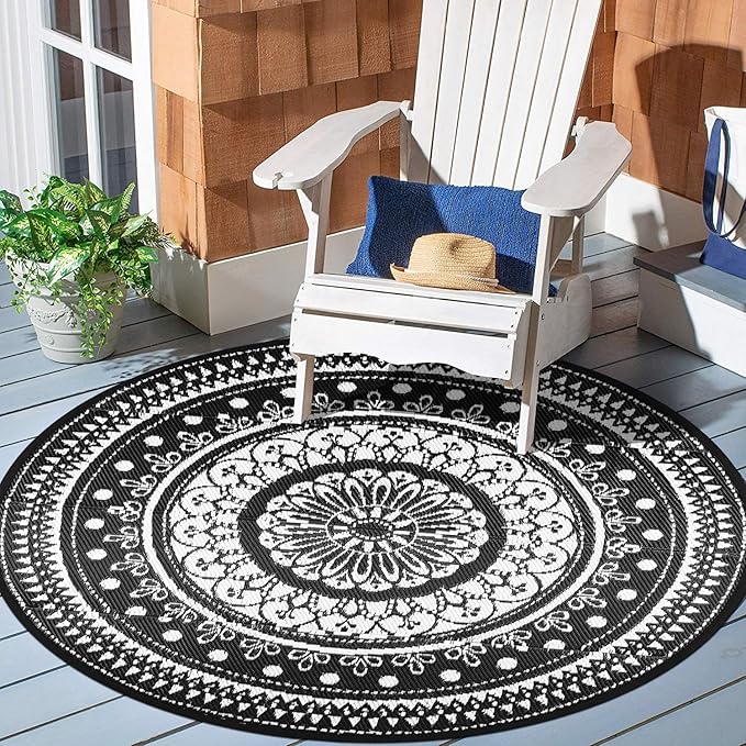 Cekene Round Outdoor Rugs Waterproof 5Ft Reversible Outdoor Patio Rugs Lightweight Plastic Straw Rugs Portable RV Camping Mat Floor Carpet for Deck Porch Picnic, Black and White