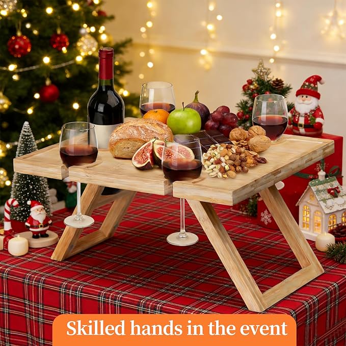 Portable Picnic Table, Folding Wine Picnic Table with 5 Wine Glasses Holder, Small Champagne Snack Cheese Table for Camping Beach Park