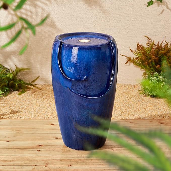 Glitzhome Ceramic Vase Outdoor Water Fountain Tall Patio Garden Water Fountain with LED Light and Submersible Pump Yard Art Decor, 20.5”H, Blue