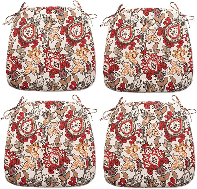 Magpie Fabrics Outdoor/Indoor 17"x16"x2" Chair Cushions with Ties Set of 4, Waterproof All Weather U-Shape Seat Pads Decoration for Patio Garden Furniture Home Office (Botanical Red Orange)