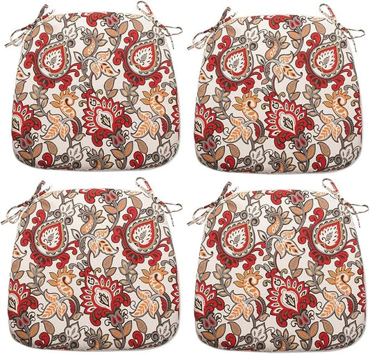 Magpie Fabrics Outdoor/Indoor 17"x16"x2" Chair Cushions with Ties Set of 4, Waterproof All Weather U-Shape Seat Pads Decoration for Patio Garden Furniture Home Office (Botanical Red Orange)