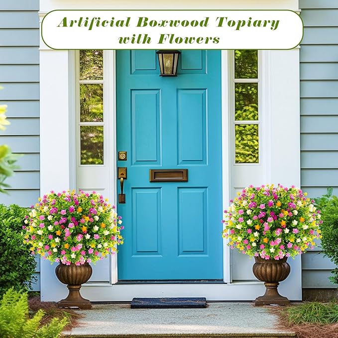 Yunlly 2 Pcs Outdoor Artificial Topiary Ball Trees 22" with Colorful Flowers, Boxwood Fake Bushes Shrubs with Spike, UV Resistant Evergreen Plants for Front Porch Garden Decor (Mix Color)