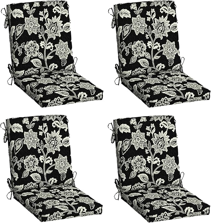 Arden 4-Pack Outdoor Patio Dining Chair Cushion, 20x44, Rain-Proof Seat Pad, Fade-Resistant Outdoor Cushion Ashland Black Jacobean