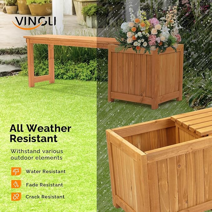 VINGLI Outdoor Wood Bench with Planter Boxes, 2-in-1 All-Weather Porch Bench Seat ＆ Open-Ended Wooden Raised Garden Bed, for Balcony Yard Patio (1 Box + 2 Boxes)