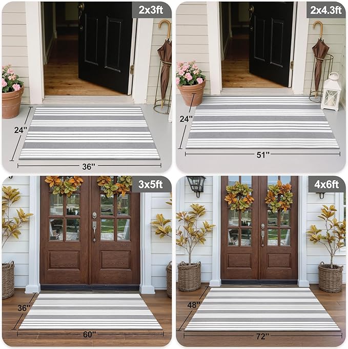 OJIA Outdoor Area Rug 4'x6', Gray and White Outdoor Rug Machine Washable Patio Rugs Cotton Hand Woven Entryway Rug Indoor Outdoor Rugs for Bedroom Living Room Porch Decor Deck Backyard Camping