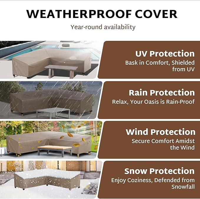 iBirdie Outdoor Sectional Cover fit 90 x 90 inch, 89 x 88, 87 x 86 L-Shaped Patio Sofa Waterproof Weatherproof 600D Heavy Duty Garden Furniture Cover for Outside L Shape Couch, Brown