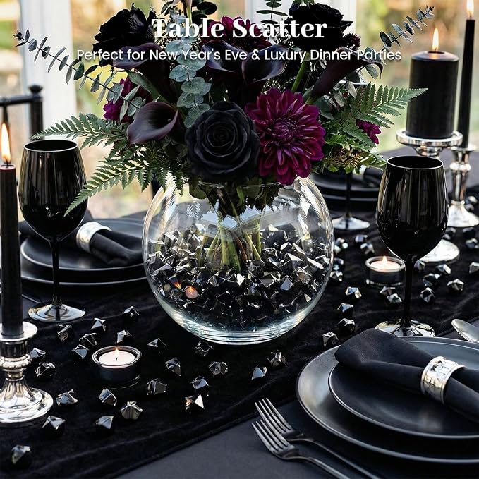 DomeStar 150PCS Fake Ice, Black Vase Fillers, Black Plastic Gems Crystal Aquarium Tank Rock Party Table Scatter Decorations