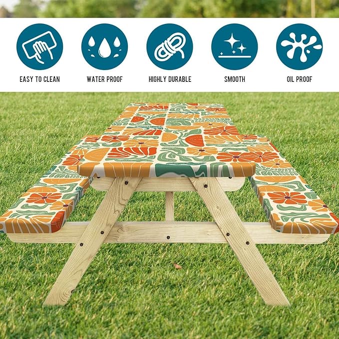 Picnic Table Covers with Bench Covers Boho Patchwork Orange Green Flower Pattern Camping Tablecloth Fitted Picnic Table Cover with Elastic Windproof Waterproof, Camping Accessories Outdoor, 60In 3PCS