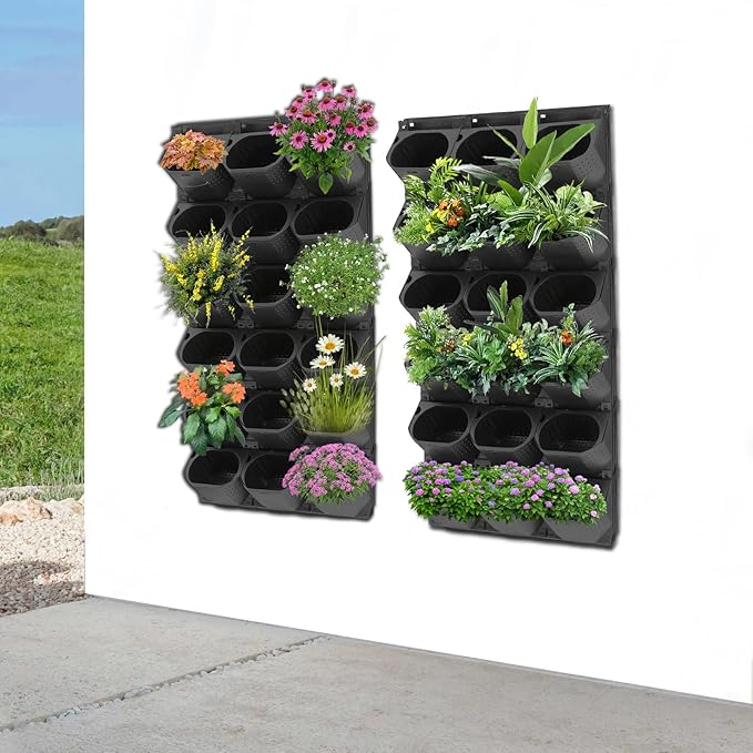 Wall Planter with 36 Pots, Vertical Garden Wall-Mounted Indoor & Outdoor Flower Pot Holder for Herbs, Vegetables, Succulents, Plastic Planter with Drainage Holes (Black)