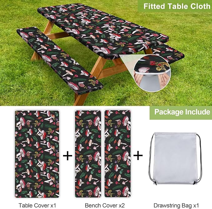 Picnic Table Cover with Bench Covers 6FT 3 Pcs Waterproof Windproof Aesthetic Camping Tablecloth with Drawstring Bag, Fitted for 6 Foot Rectangle Tables and Seats, 72 inch, Black Green Red