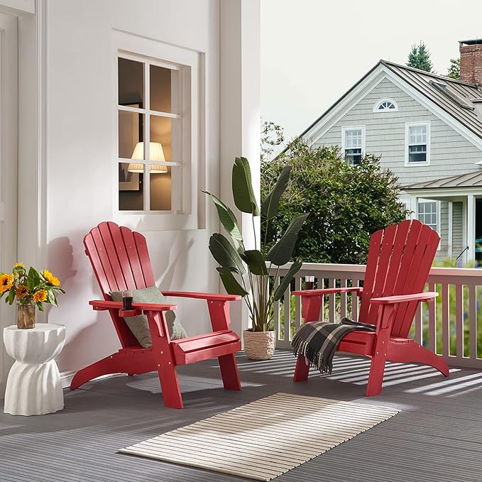 Psilvam Adirondack Chair, Oversized Poly Lumber Fire Pit Chair with Cup Holder, 350Lbs Support Patio Chairs for Garden, Weather Resistant Adirondack Chair Looks Like Real Wood (2, Red)