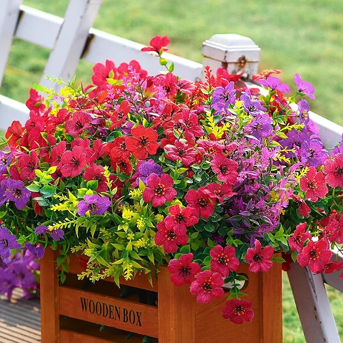 SHareconn 36 Bundles Artificial Flowers for Outdoors Decoration, Faux Plants Fake Silk Colorful Daisy Eucalyptus Lavender, UV Resistant for Outside Home Porch Patio Indoor Spring Decor, Mix 3 Colors