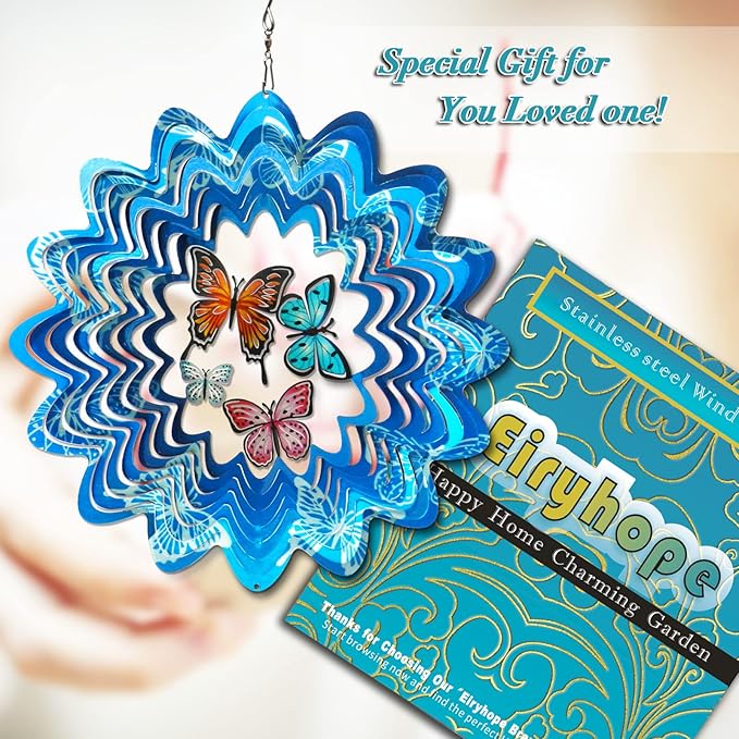 Butterfly Wind Spinner - 12inch Laser-Cut Stainless Steel Wind Spinners | 3D Kinetic Garden Decoration & Yard Art for Outdoor | Butterfly Gifts for Women, Mother, Wife, Grandma & Holidays