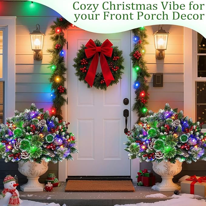 Timer - 2 Pack 24 Inch Lighted Outdoor Christmas Tree Urn Fillers Decorations,Warm White&Colorful Lights 8 Mode,Snowy Pinecones Red Berries Battery Operated Tripod Stake Holiday Planters Porch Pathway