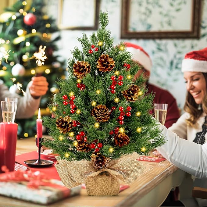 [ 8 Modes & Timer] 24 Inch Realistic Tabletop Christmas Tree Small Christmas Tree with 50 Warm Lights Battery Operated Indoor Home Table Christmas Decorations