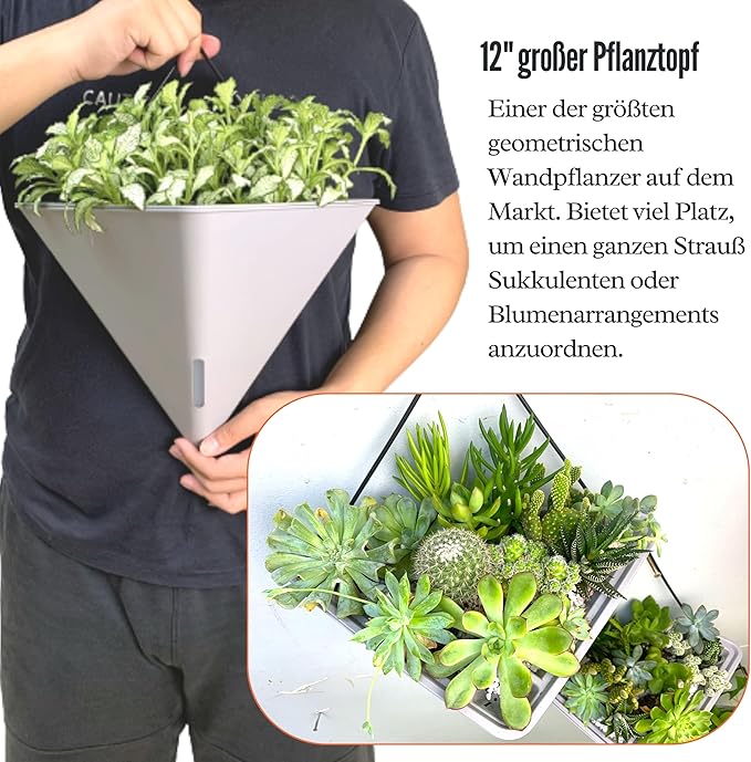 LaLaGreen Wall Planters for Indoor Plants - 4 Pack, 12 Inch Large Self Watering Gray Geometric Hanging Flower Vase Vessel with Metal Hanger, Modern Stylish Wall Mounted Succulent Pot Holder Decor