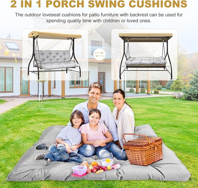 60" Porch Swing Cushion with Backrest, Waterproof Outdoor Bench Swing Cushions 3 Seater Replacement Thickened Swing Cushions with Ties for Patio Garden Backyard,Light Gray,60x40in