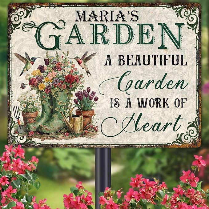 Custom Garden Signs Personalized Metal Tin Sign for Women, Retro Welcome Metal Sign for Outdoor, Patio, Yard Rustic Home Decor Gift for Mothers Day, Grandmas, and Gardening Lovers