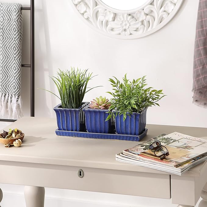 Accent Plus Blue Square Ceramic Small Planter (Set of 3)