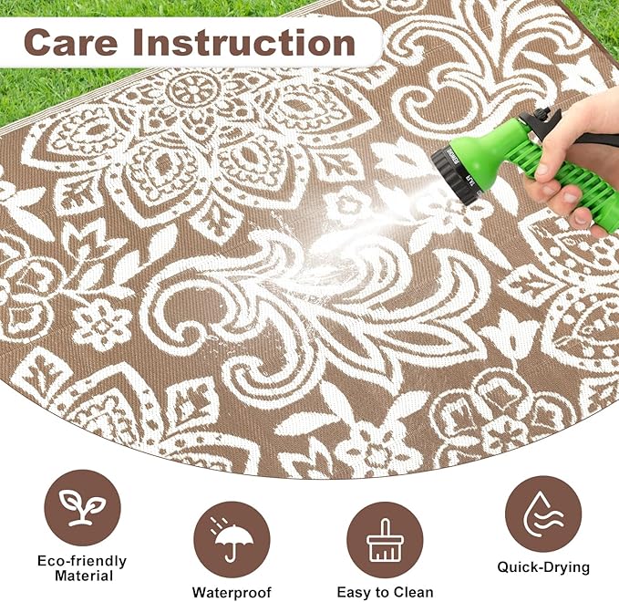 Findosom Waterproof Outdoor Rug 9' x 12' - Reversible Mandala Outdoor Plastic Straw Rug, Durable Foldable Patio Rug for RV, Deck, Balcony, Backyard, Picnic, Porch, Camping, Beach, Brown