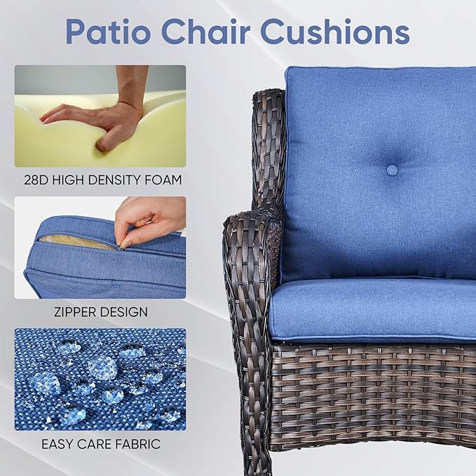 Outdoor Chair Cushions 3 Packs - Outside High Back Thick Water-Resistant Cushion 22x24 with Zipper Cover for Patio Glider Rocking Chairs Loveseat Couch – Blue/Buckle