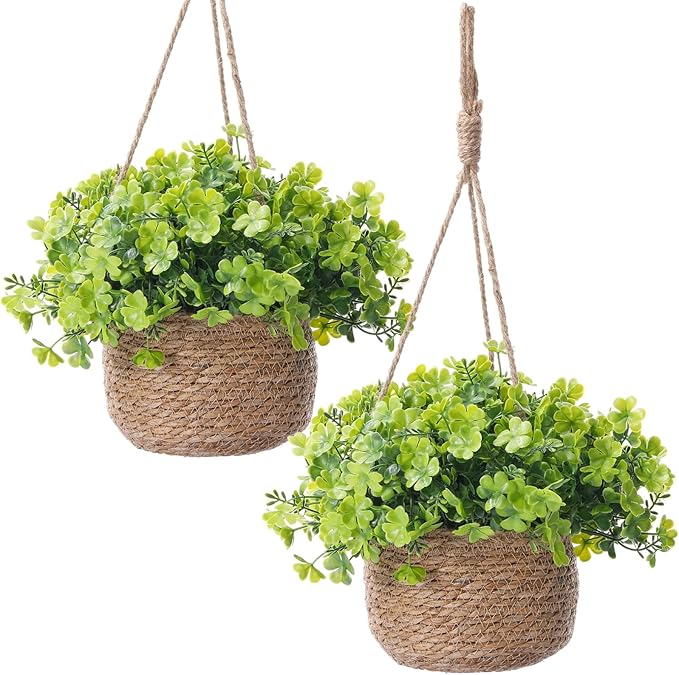 2 Set St. Patrick's Day Artificial Clover Plants with Woven Basket, Faux Shamrock Hanging Plants for Irish Theme Home Decor, St. Patrick's Displays