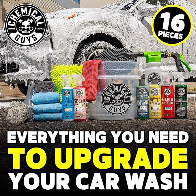 Chemical Guys CWS_402_16FG 10-Piece Arsenal Builder Car Wash Kit, Foam Gun, Bucket (3) 16 oz Car Care Cleaning Chemicals (Works w/Garden Hose) with Mr. Pink Foaming Car Wash Soap, 16 oz