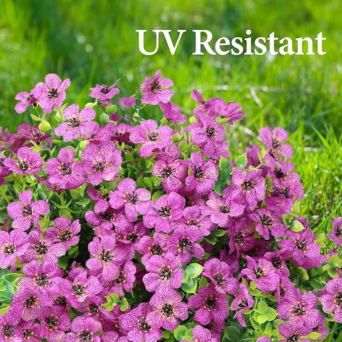 Artificial Flowers Outdoor Faux Plants UV Resistant Fake Patio Flowers Plastic Greenery Plnats Outside Bulk for Spring Garden Hanging Planter Home Vase Decor, 24 Bundles (Purple)