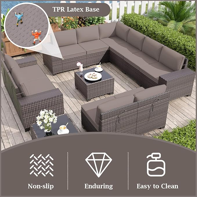 Outdoor Sectional Cushions, 4" Foam High-Density, Water-Resistant Couch Cushions Replacement Set, 14 Piece Patio Sectional Cushion for 6-Seat Sectional Patio Conversation Sets (Khaki)