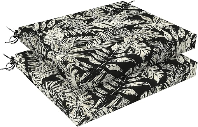 LVTXIII Outdoor Chair Cushions 18.5"x16"x2" Pack of 2, Water-Repellent Square Corner Memory Foam Seat Cushions with Ties for Garden Patio Furniture, Tropical Leaf Black